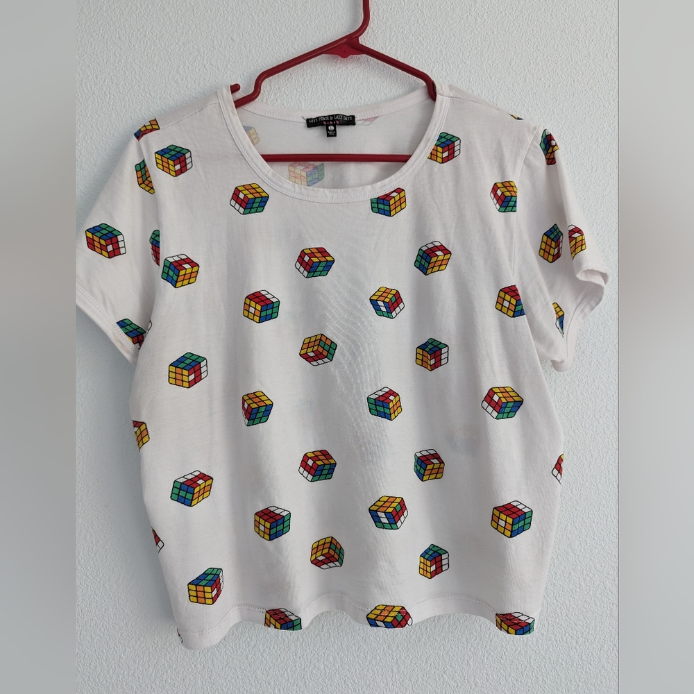 Love Peace & Lazy Days. White Rubix cube crop top size large